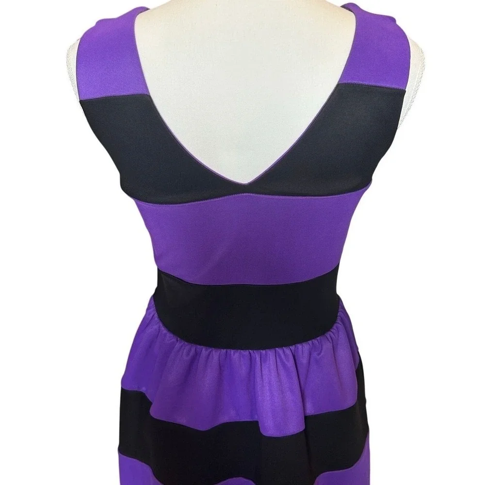 Purple Black Striped Fit & Flare Midi Dress Women's Medium Sleeveless Retro - Picture 5 of 8